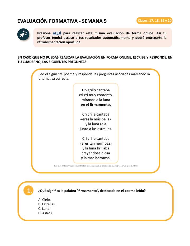 Evaluación 3° básico Lenguaje Unidad 1 Semana 5