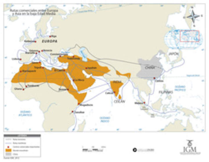 Mapa de las rutas comerciales entre Europa y Asia en la Baja Edad Media