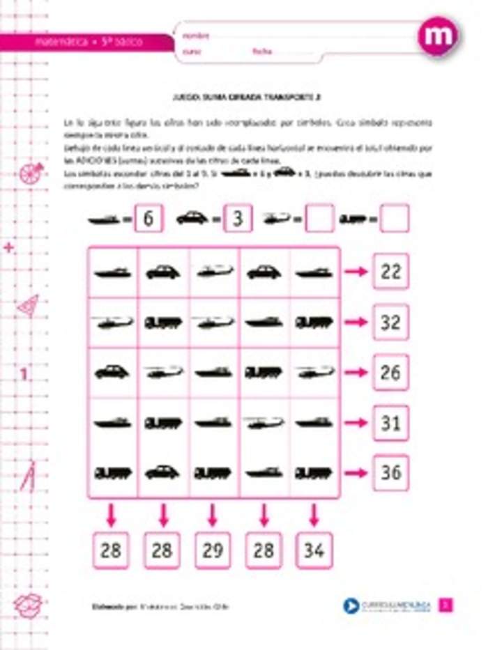 Juego: suma cifrada transporte 3