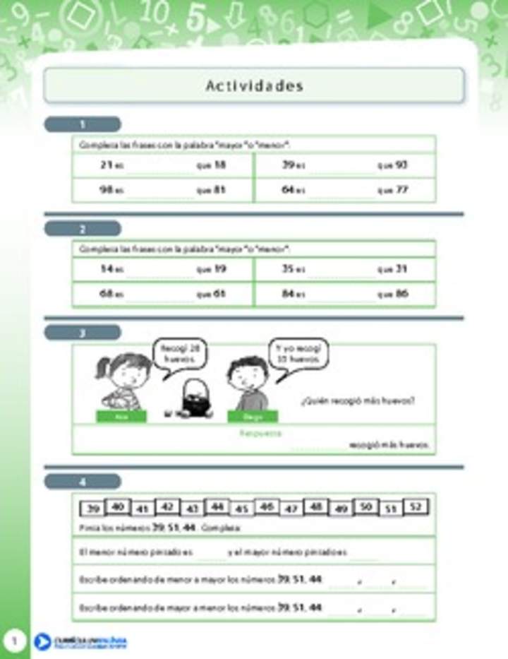 Actividades comparar y ordenar cifras