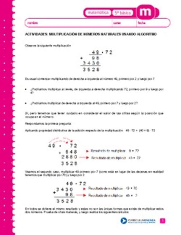 Multiplicación de números naturales usando algoritmo