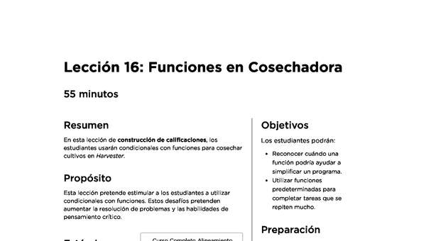 Lección 16: Funciones en Cosechadora