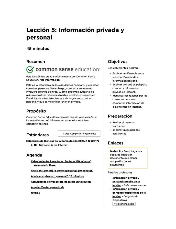 Lección 5:Información privada y personal