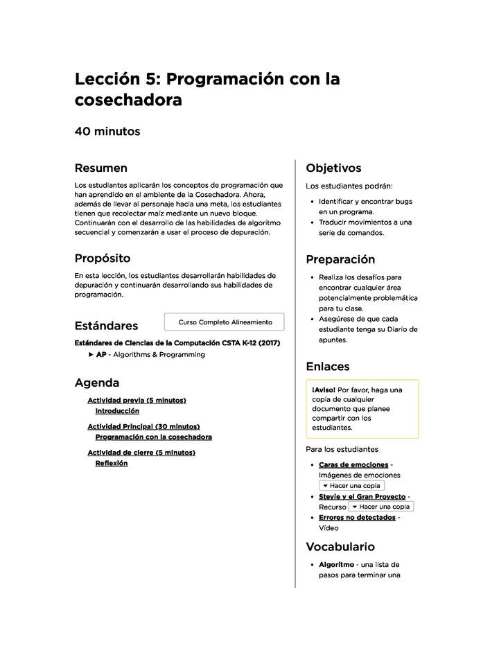 Lección 5: Programación con la cosechadora