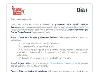 Carta para apoderados para la toma remota de pruebas DIA+ para Leo y Sumo Primero