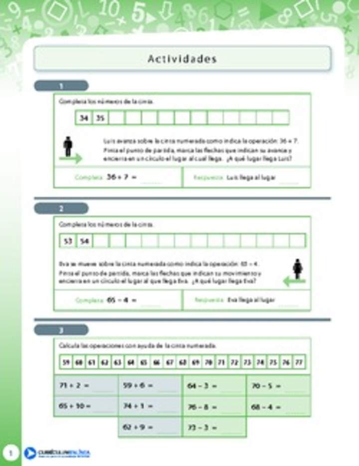 Completar secuencias numéricas y realizar adiciones con ayuda de la cinta numerada