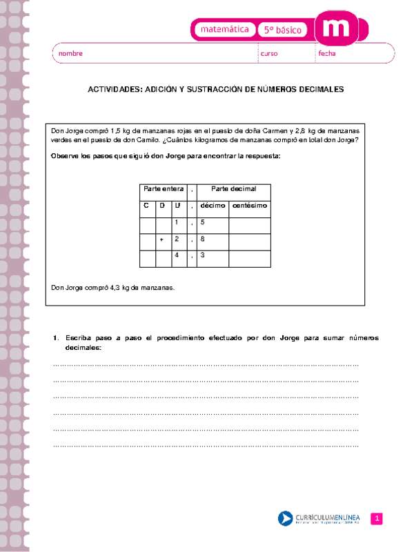 Adición y sustracción de números decimales