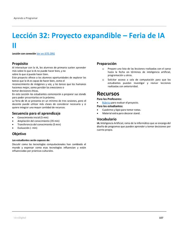 Unidad 4 - Lección 32: Proyecto expandible – Feria de IA II