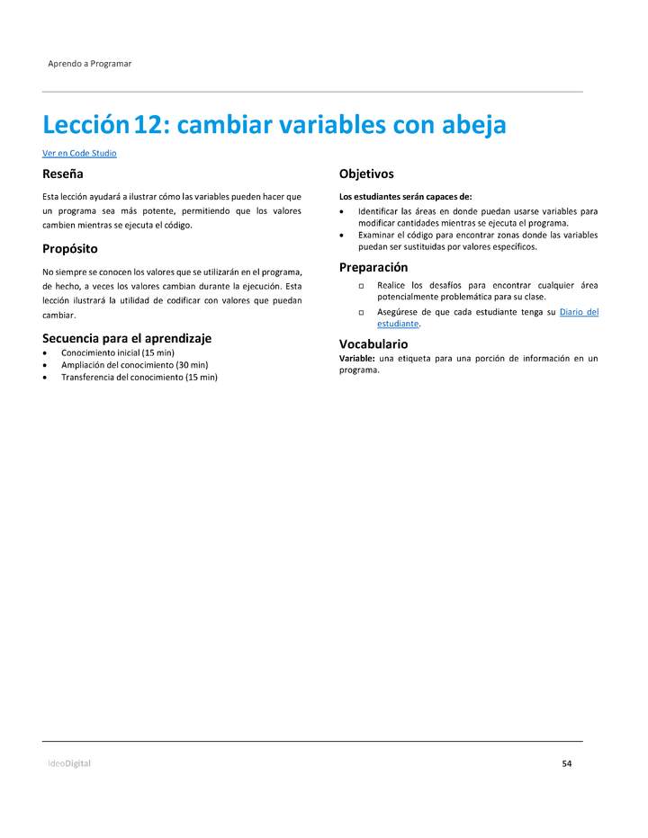 Lección 12: cambiar variables con abeja