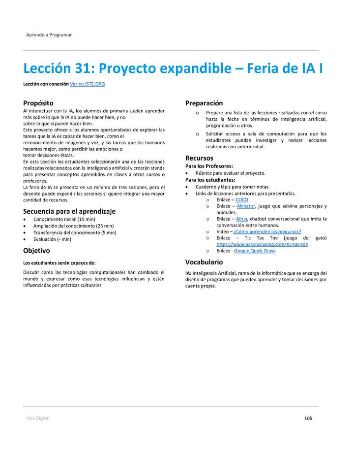 Unidad 4 - Lección 31: Proyecto expandible – Feria de IA I