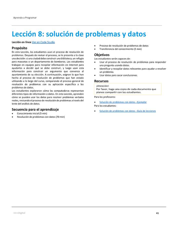 Unidad 1 - Lección 8: solución de problemas y datos