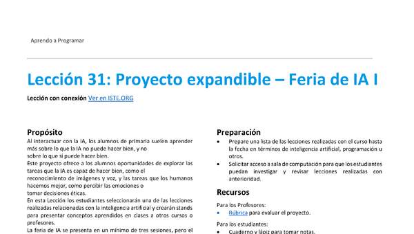 Unidad 4 - Lección 31: Proyecto expandible – Feria de IA I