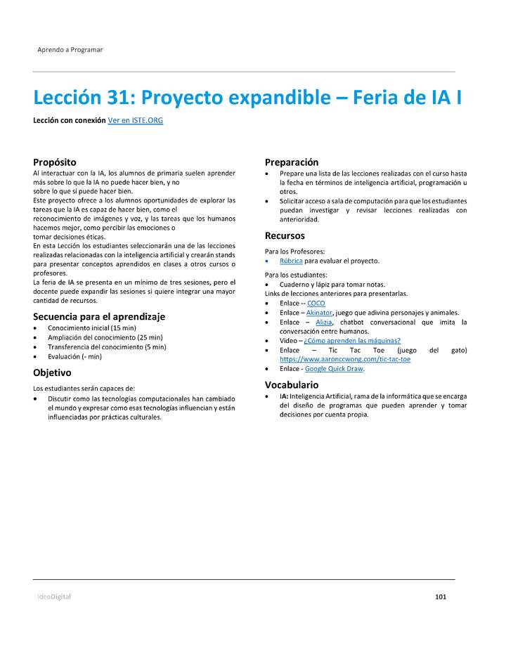 Unidad 4 - Lección 31: Proyecto expandible – Feria de IA I