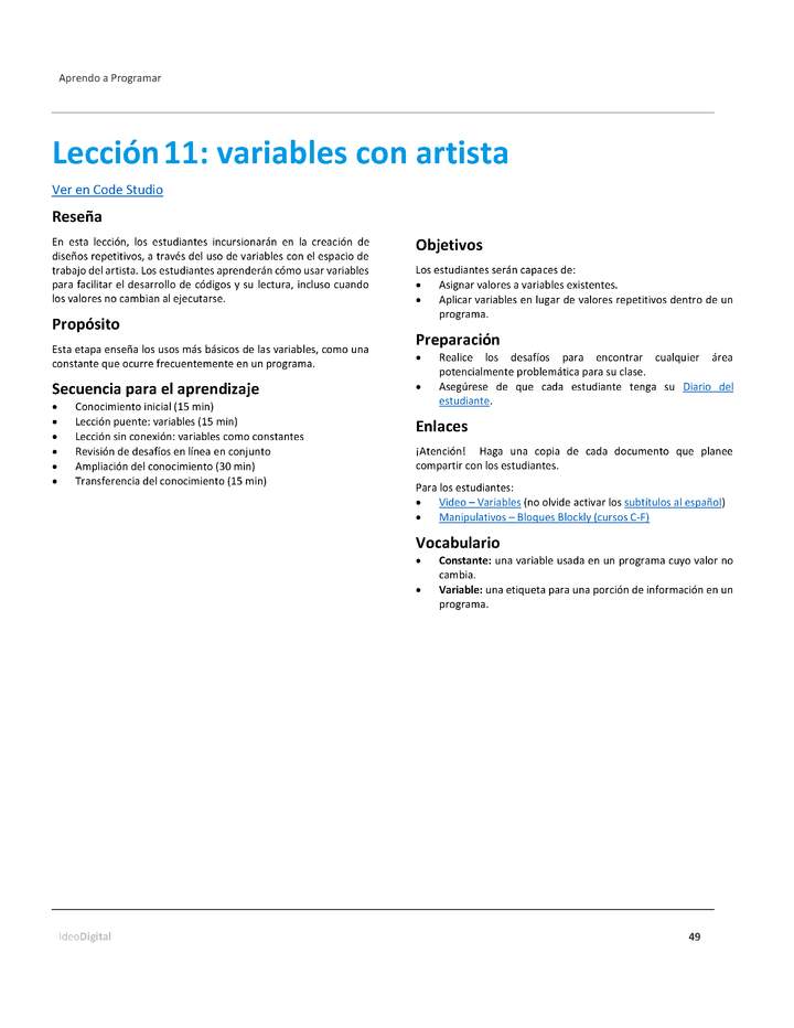 Unidad 3 - Lección 11: variables con artista