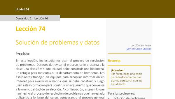 Unidad 4 - Lección 74: Solución de problemas y datos