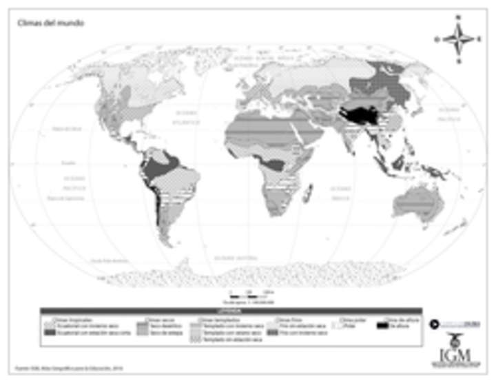 Mapa con climas del mundo en blanco y negro