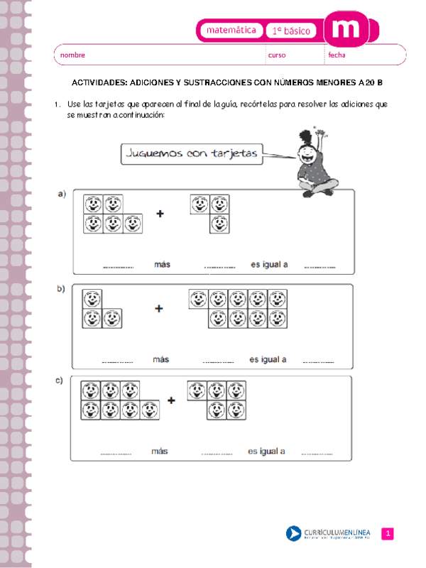 Adiciones y sustracciones con números menores a 20 b