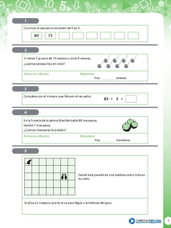 Ejercicios variados de adición de números naturales y de trayectoria