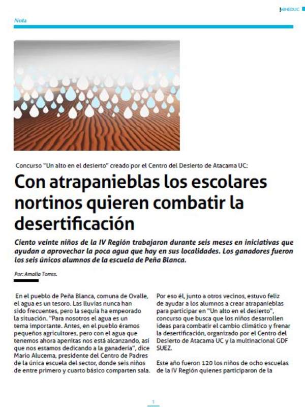 Con atrapanieblas los escolares nortinos quieren combatir la desertificación