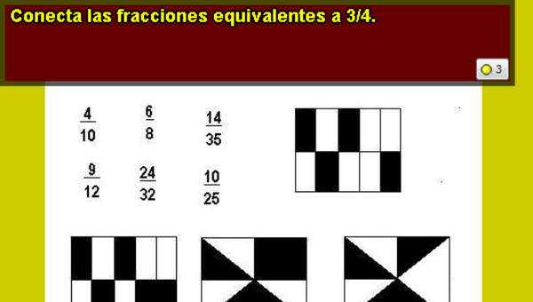 Fracciones equivalentes a 3/4 y área igual a 1/2