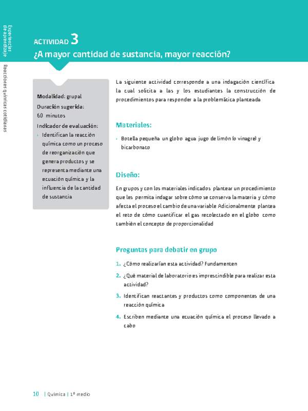 Sugerencia para el profesor: Actividad 3. ¿A mayor cantidad de sustancia, mayor reacción?
