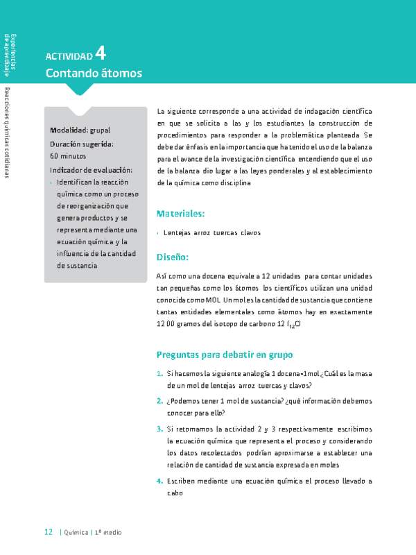 Sugerencia para el profesor: Actividad 4. Contando átomos