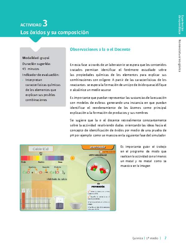 Sugerencia para el profesor: Actividad 3. Los óxidos y su composición