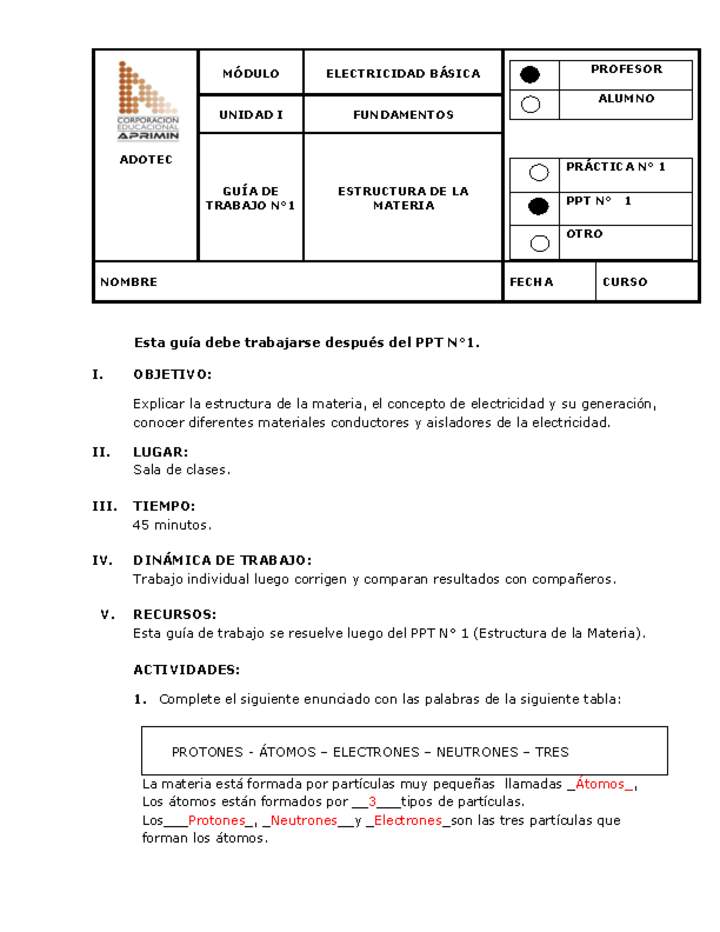 Guía de trabajo del docente Electricidad básica, estructura de la materia