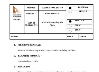 Guía de trabajo del docente Electricidad básica, multímetro y ley de Ohm