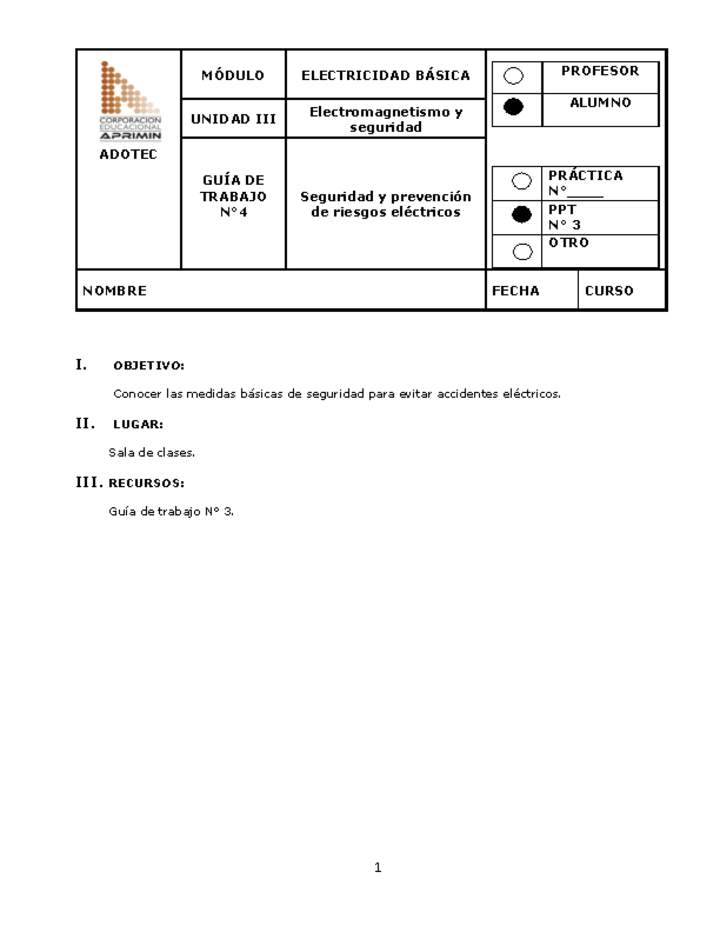 Guía de trabajo del estudiante Electricidad básica, seguridad y prevención de riesgos eléctricos.