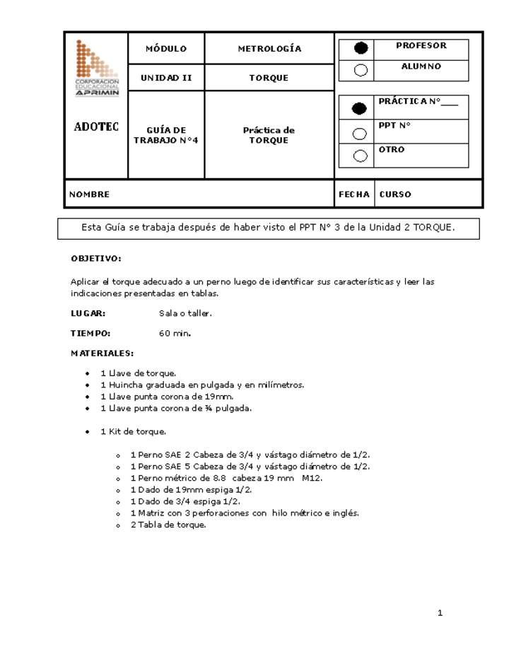 Guía de trabajo del docente Metrología, práctica de torque