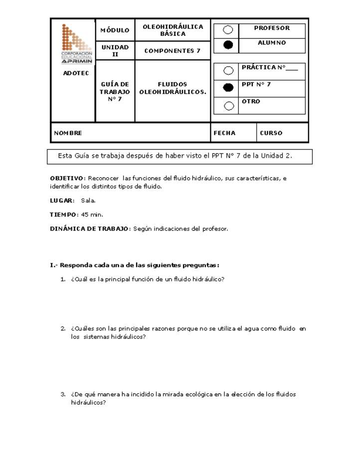 Guía de trabajo del estudiante Oleo-hidráulica, fluidos hidráulicos