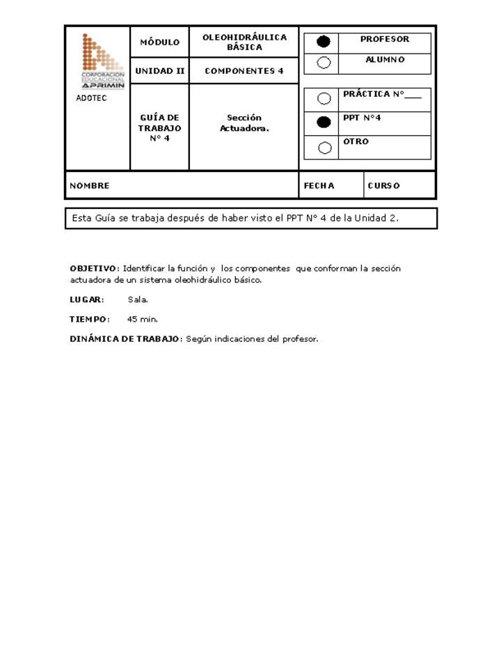 Guía de trabajo del docente Oleo-hidráulica. sección actuadora.