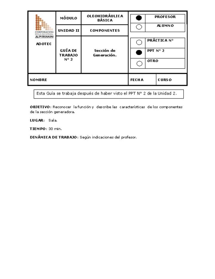 Guía de trabajo del docente Oleo-hidráulica, sección de generación.