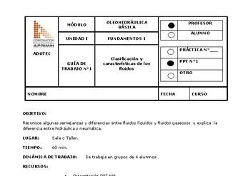 Guía de trabajo del docente Oleo-hidráulica, clasificación y características de los fluidos.