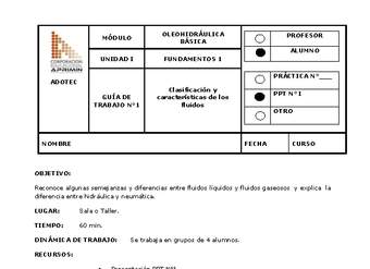 Guía de trabajo del estudiante Oleo-hidráulica, clasificación y características de los fluidos.