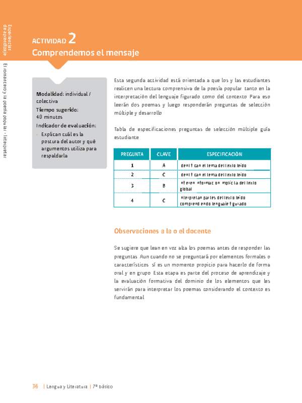 Sugerencia para el profesor: Actividad 2: Comprendemos el mensaje