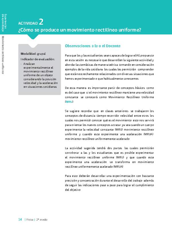 Sugerencia para el profesor: Actividad 2. ¿Cómo se produce un movimiento rectilíneo uniforme?