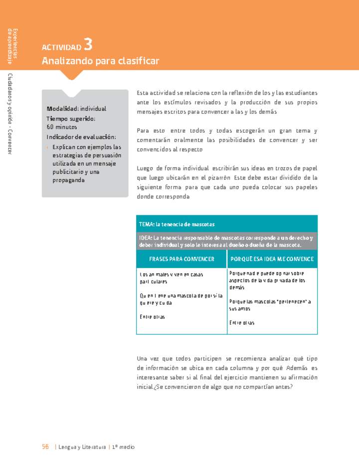 Sugerencia para el profesor: Actividad 3: Analizando para clasificar