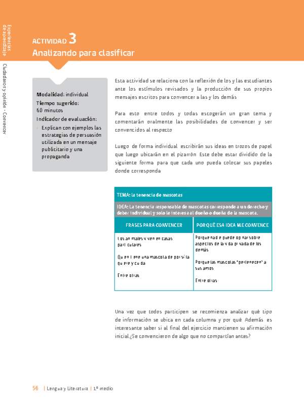 Sugerencia para el profesor: Actividad 3: Analizando para clasificar