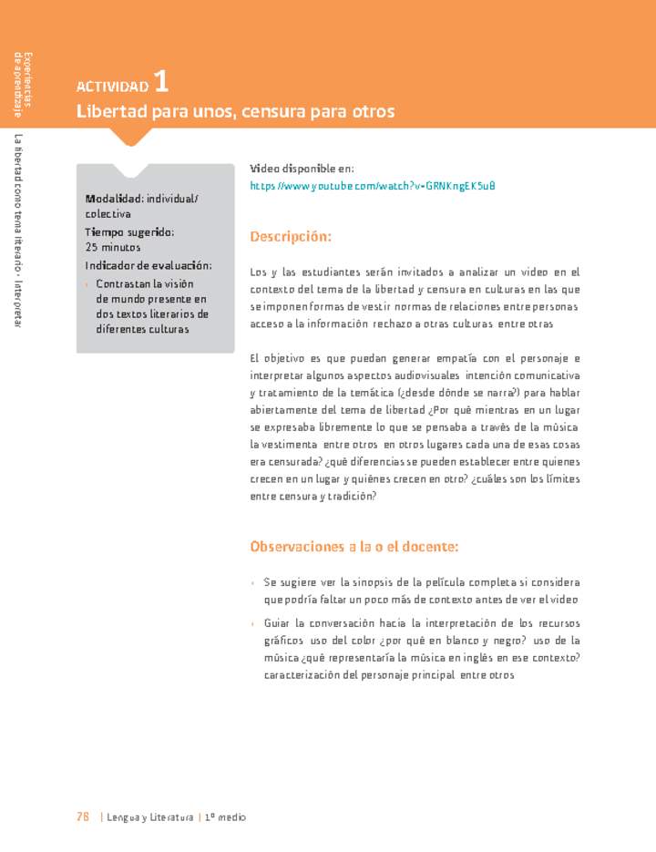 Sugerencia para el profesor: Actividad 1: Libertad para unos, censura para otros