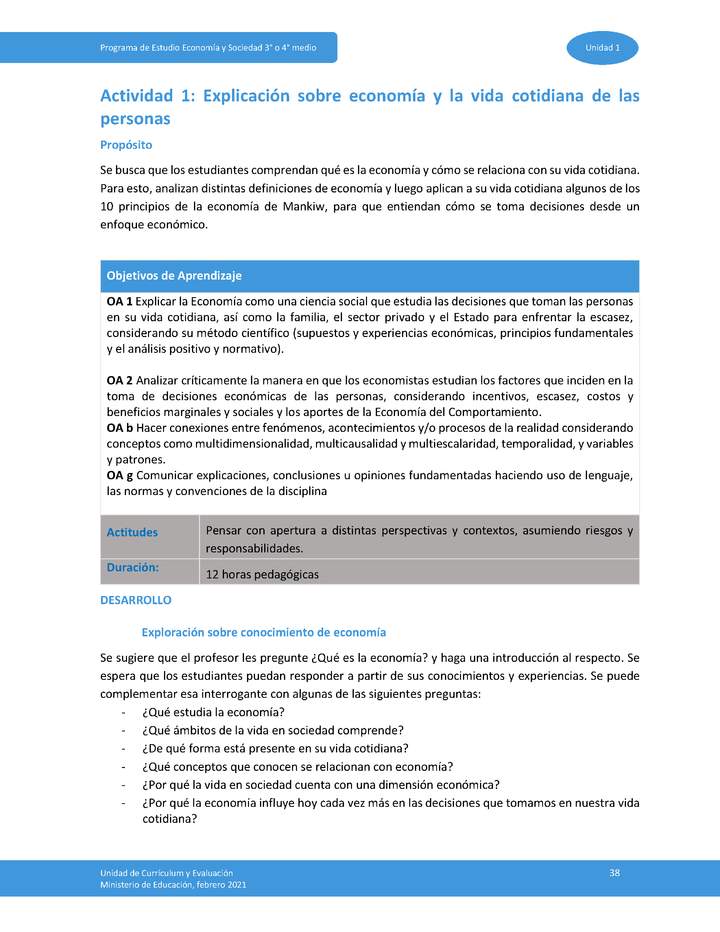 Actividad 1: Explicación sobre economía y la vida cotidiana de las personas Imagen portada
