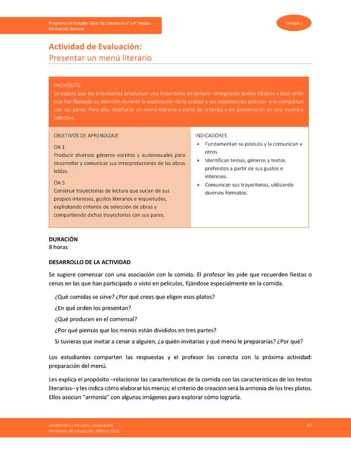 Actividad de Evaluación: Presentar un menú literario Imagen portada