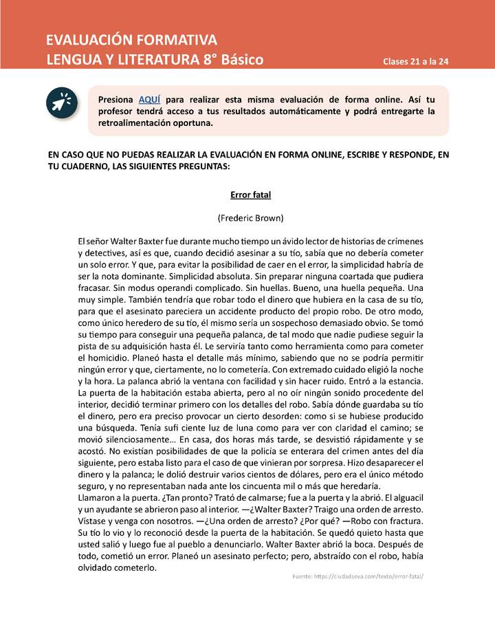 Evaluación Lengua y Literatura 8° básico Unidad 1 Semana 6 Imagen portada