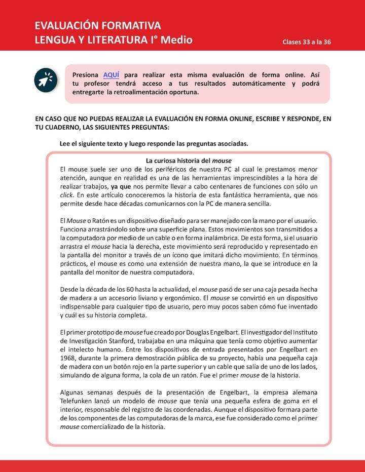 Evaluación Lenguaje y comunicación 1° medio Unidad 2: Semana 9 Imagen portada
