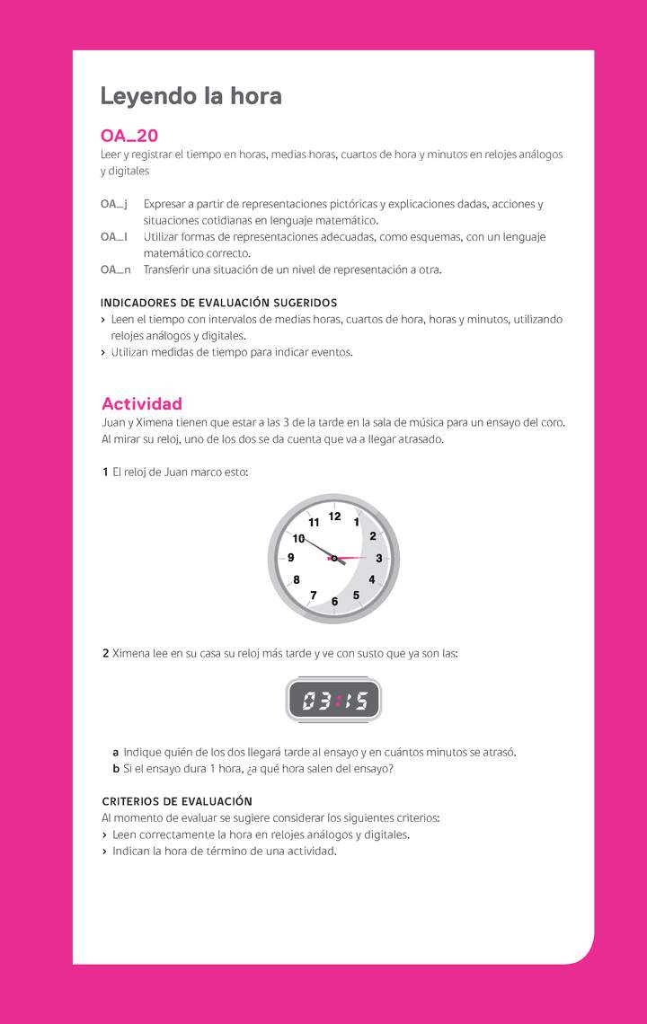 Evaluación Programas - MA03 OA20 - U3 - Leyendo la hora Imagen portada