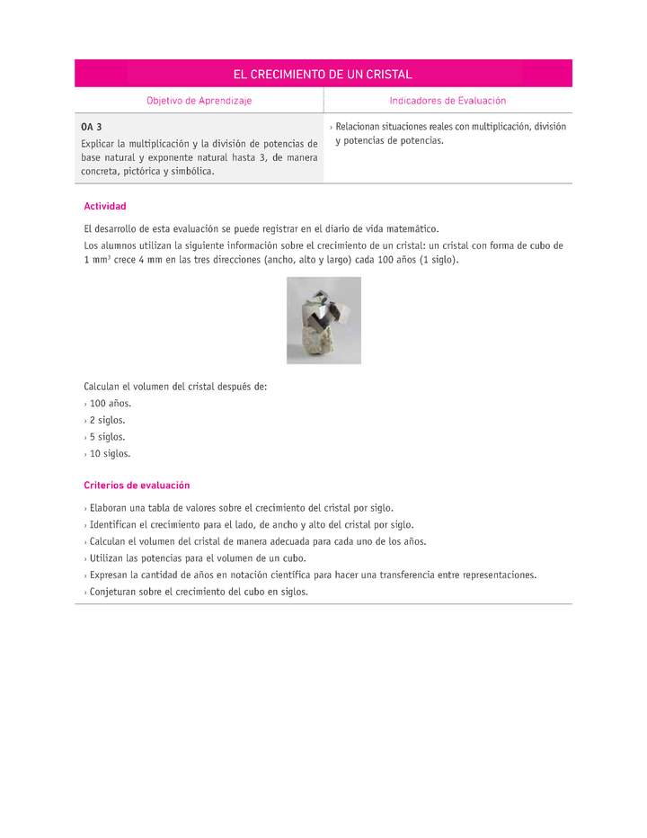 Evaluación Programas - MA08 OA03 - U1 - EL CRECIMIENTO DE UN CRISTAL Imagen portada