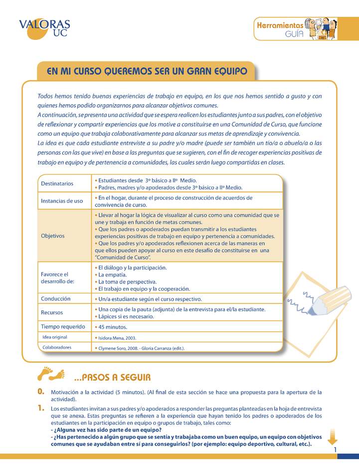 En mi curso queremos ser un gran equipo: Orientación Estudiantes y padres de 3º básico a 2º medio OA6 Imagen portada