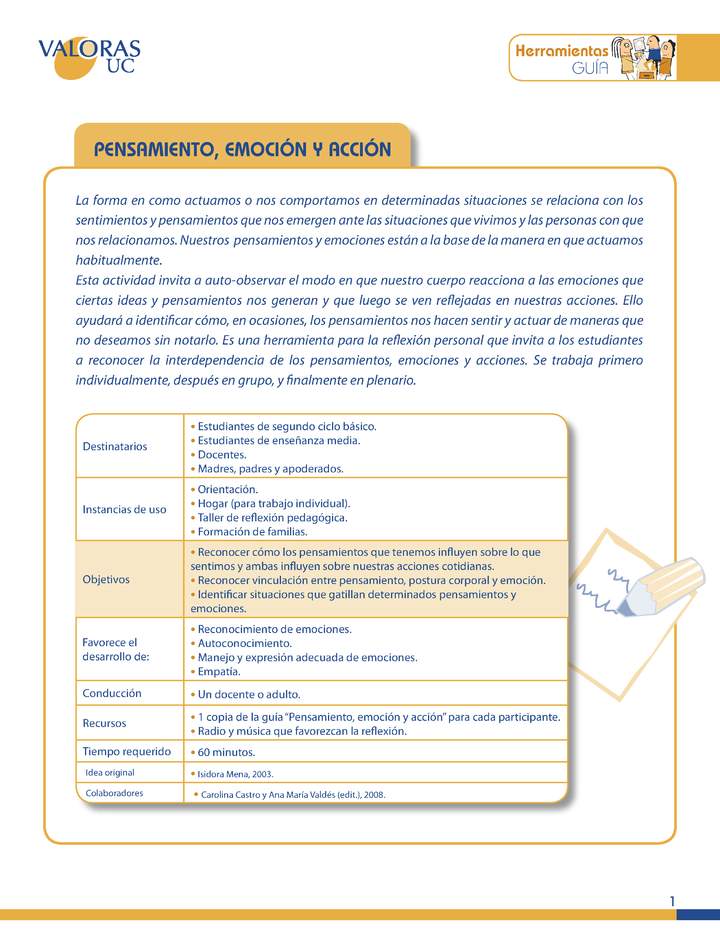 Pensamiento - emoción - acción: Orientación 1º básico a 4º Medio y padres OA2 Imagen portada