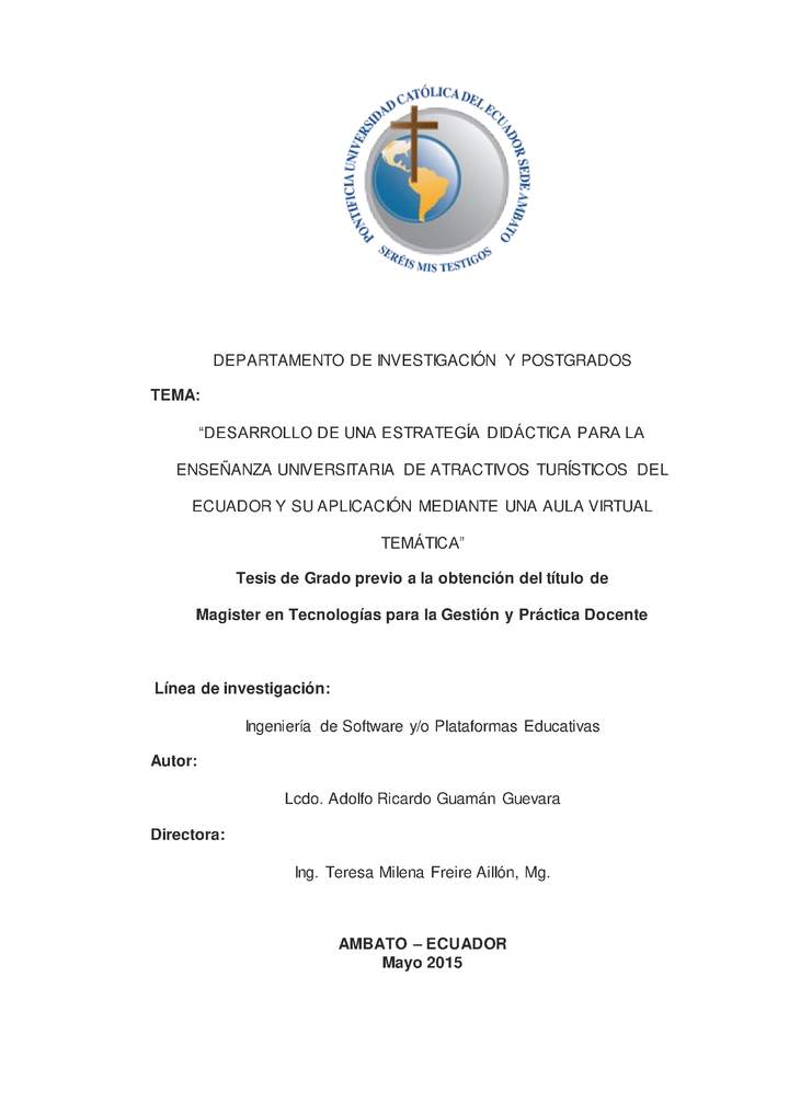 Desarrollo de una estrategia didáctica para la enseñanza universitaria de atractivos turísticos del Ecuador y su aplicación mediante un aula virtual temática. Imagen portada